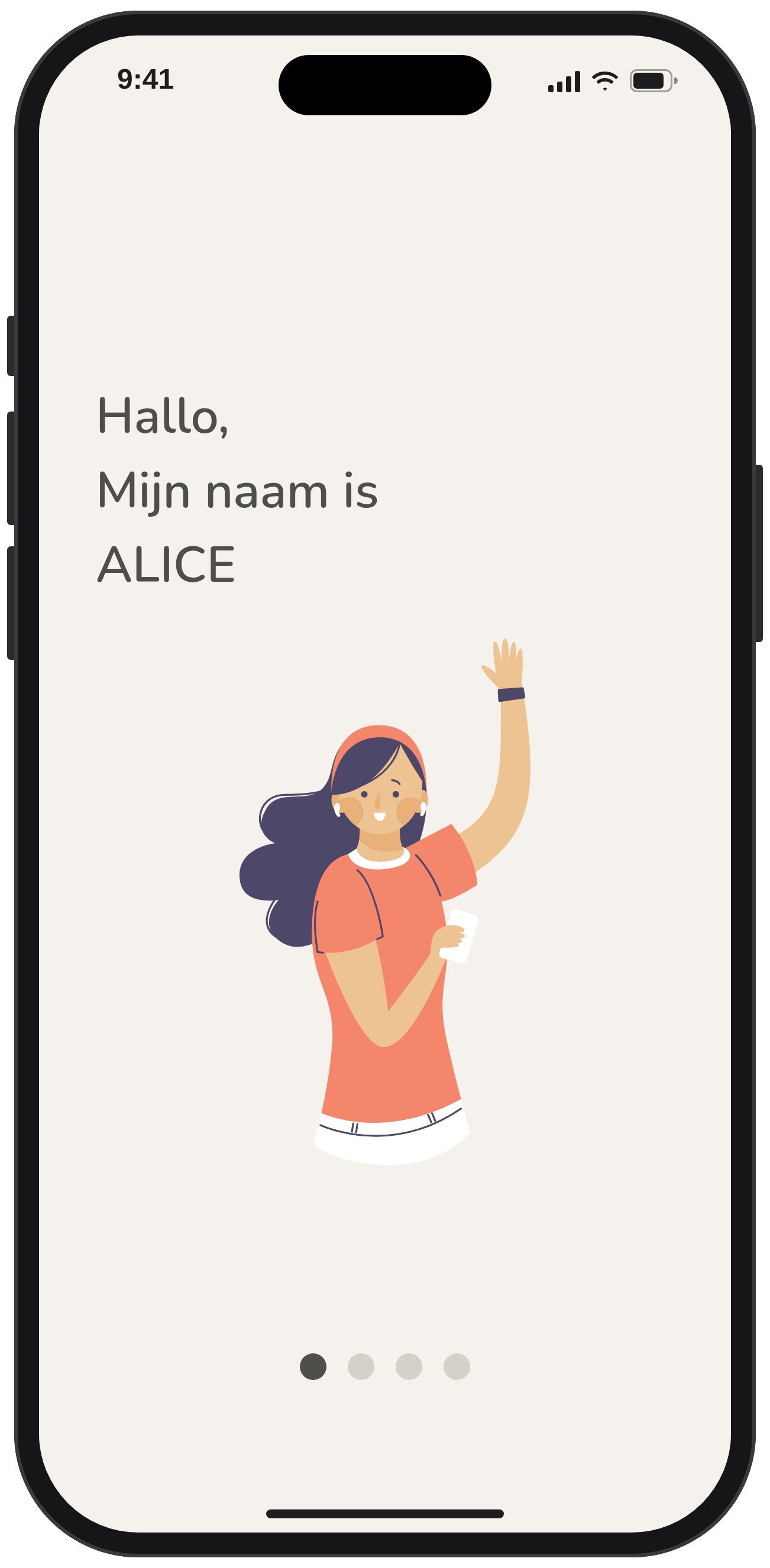 De ALICE-app op een smartphone: het welkomstscherm 'Hallo, mijn naam is ALICE'
