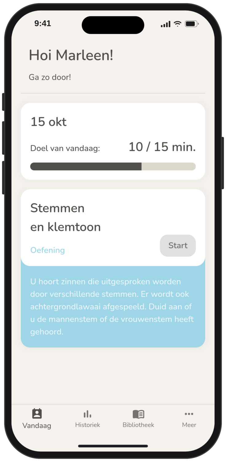 Het startscherm van de ALICE-app met het oefendoel van vandaag en de volgende oefening