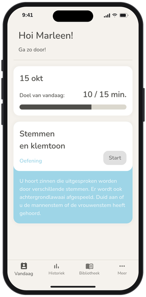 Het startscherm van de ALICE-app met het oefendoel van vandaag en de volgende oefening