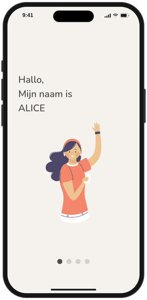 De ALICE-app op een smartphone: het welkomstscherm 'Hallo, mijn naam is ALICE'