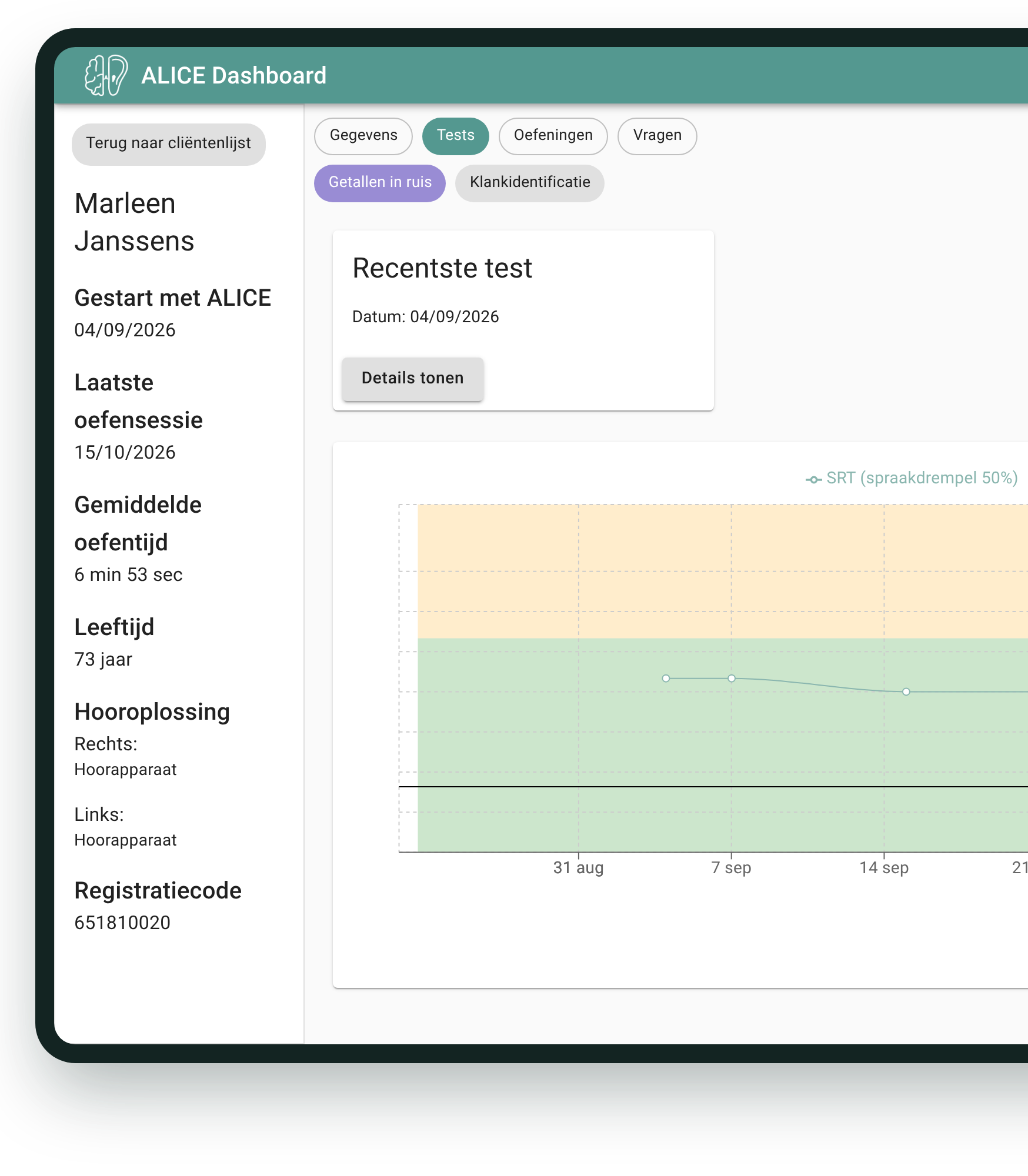 Het ALICE-dashboard op een tablet: de testresultaten van een cliënt